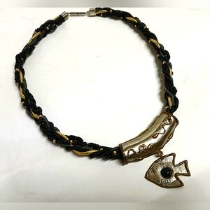 Gold and Black Braided Fish Pendant Necklace